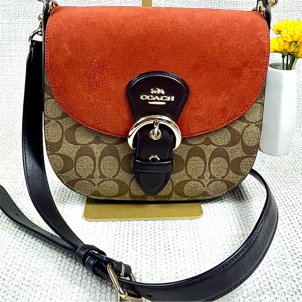 Coach Kleo Signature Khaki canvas Crossbody with Suede and Pebble Leather C5692